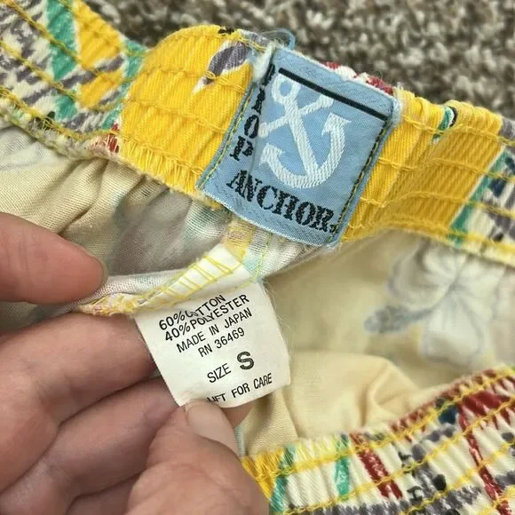 Vintage Drop Anchor Hawaiian Tropical Yellow 80s Womens Elastic Waist Shorts - Picture 3 of 7